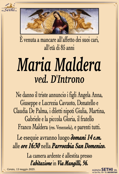 È venuta a mancare all’affetto dei suoi cari, all’età di 85 anni
Maria Maldera
ved. D’Introno
Ne danno il triste annuncio i figli Angela Anna, Giuseppe e Lucrezia Cavuoto, Donatello e Claudia De Palma, i diletti nipoti Giulia, Martina, Gabriele e la piccola Gloria, il fratello Franco Maldera (res. Venezuela), e parenti tutti.
I funerali avranno luogo domani 14 c.m. alle ore 16:30 nella Parrocchia San Domenico.
La camera ardente è allestita presso l’abitazione in Via Mangilli, 56.