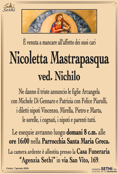 Ne danno il triste annuncio le figlie
Arcangela con Michele Di Gennaro e Patrizia con Felice Piarulli,
i diletti nipoti Vincenzo, Mirella, Pietro e Marta,
le sorelle, i cognati, i nipoti e parenti tutti.