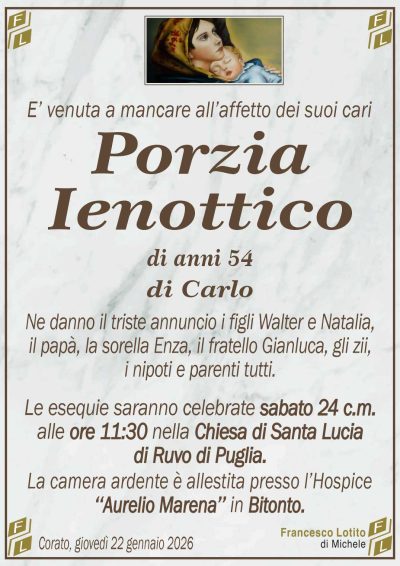 Ne danno il triste annuncio i figli Walter e Natalia,
il papà, la sorella Enza, il fratello Gianluca, gli zii,
i nipoti e parenti tutti.