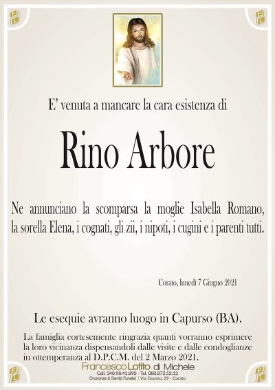 E’ venuta a mancare la cara esistenza di
Rino Arbore
Ne annunciano la scomparsa la moglie Isabella Romano,
la sorella Elena, i cognati, gli zii, i nipoti, i cugini e i parenti tutti. 
Corato, lunedì 7 Giugno 2021
Le esequie avranno luogo in Capurso (BA).