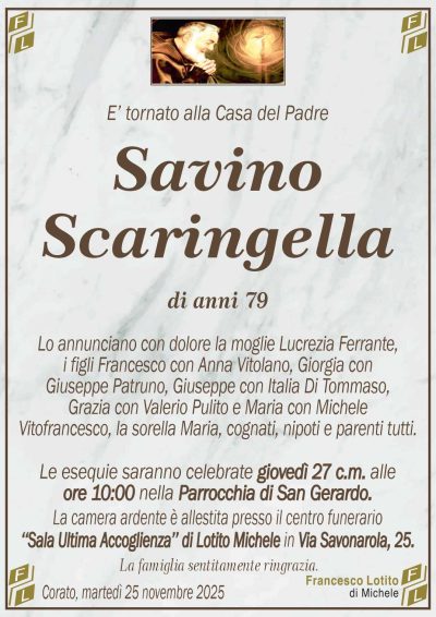 Lo annunciano con dolore la moglie Lucrezia Ferrante,
i figli Francesco con Anna Vitolano, Giorgia con
Giuseppe Patruno, Giuseppe con Italia Di Tommaso,
Grazia con Valerio Pulito e Maria con Michele
Vitofrancesco, la sorella Maria, cognati, nipoti e parenti tutti.