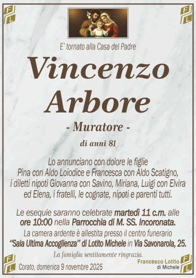 Lo annunciano con dolore le figlie
Pina con Aldo Loiodice e Francesca con Aldo Scatigno,
i diletti nipoti Giovanna con Savino, Miriana, Luigi con Elvira
ed Elena, i fratelli, le cognate, nipoti e parenti tutti.